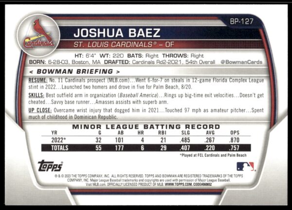 2023 Bowman Joshua Baez Prospects #BP-127 (Back)