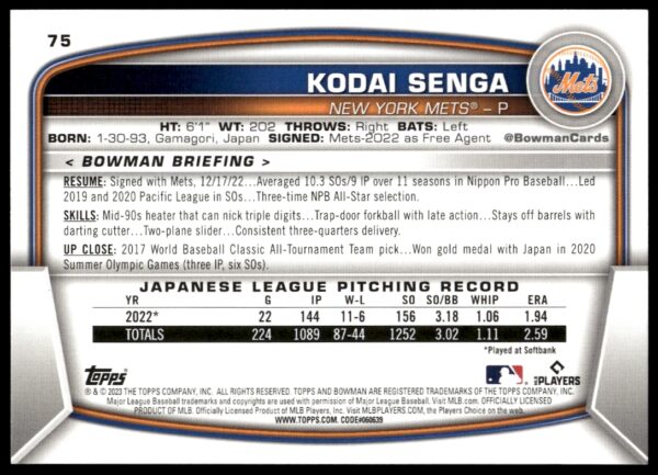 2023 Bowman Kodai Senga #75 (Back)