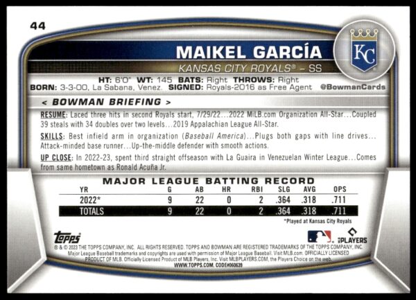 2023 Bowman Maikel Garcia #44 (Back)