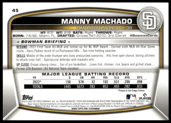 2023 Bowman Manny Machado #45 (Back)