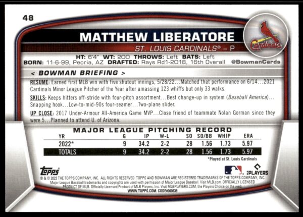 2023 Bowman Matthew Liberatore #48 (Back)