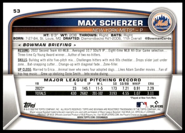 2023 Bowman Max Scherzer #53 (Back)