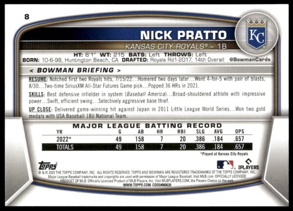 2023 Bowman Nick Pratto #8 (Back)