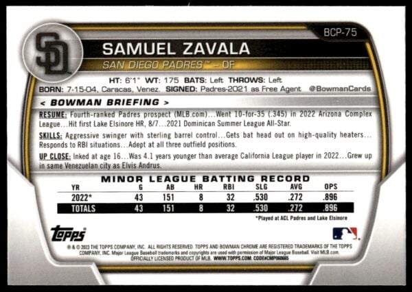 2023 Bowman Samuel Zavala Prospects #BP-75 (Back)