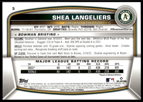 2023 Bowman Shea Langeliers #3 (Back)