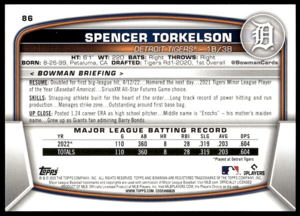 2023 Bowman Spencer Torkelson #86 (Back)