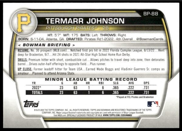 2023 Bowman Termarr Johnson Prospects #BP-88 (Back)