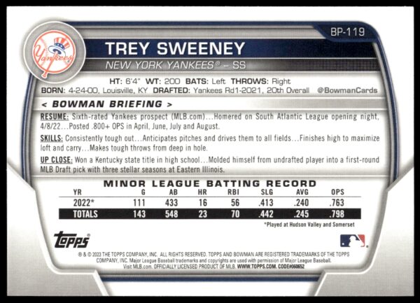 2023 Bowman Trey Sweeney Prospects #BP-119 (Back)