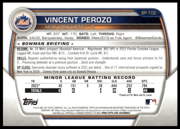 2023 Bowman Vincent Perozo Prospects #BP-102 (Back)