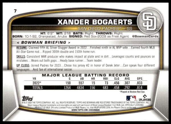 2023 Bowman Xander Bogaerts #7 (Back)