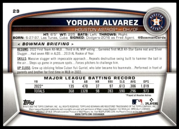 2023 Bowman Yordan Alvarez #29 (Back)