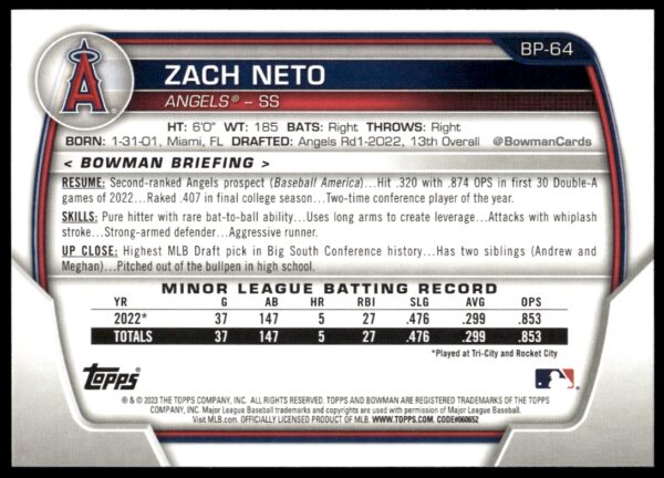 2023 Bowman Zach Neto Prospects #BP-64 (Back)