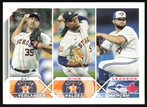 2023 Topps Series 1 AL Wins Leaders (Justin Verlander / Framber Valdez / Alek Manoah) LL #82 (Front)