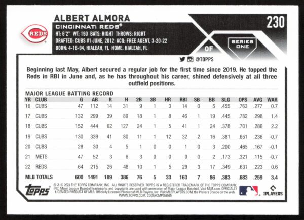 2023 Topps Series 1 Albert Almora #230 (Back)