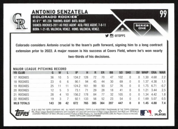 2023 Topps Series 1 Antonio Senzatela #99 (Back)