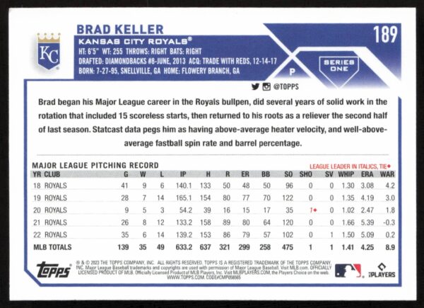 2023 Topps Series 1 Brad Keller #189 (Back)