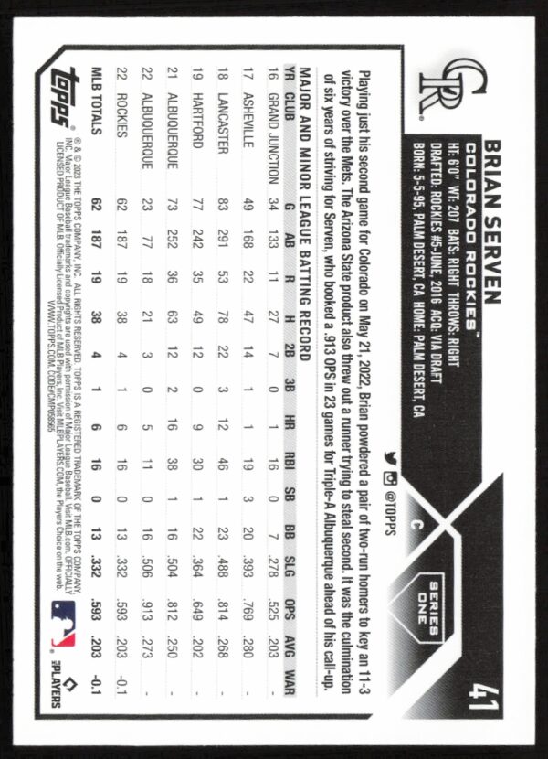 2023 Topps Series 1 Brian Serven #41 (Back)