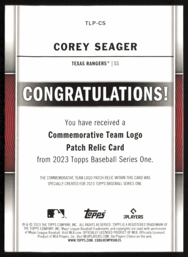 2023 Topps Series 1 Corey Seager Team Logo Commemorative Patch #TLP-CS (Back)