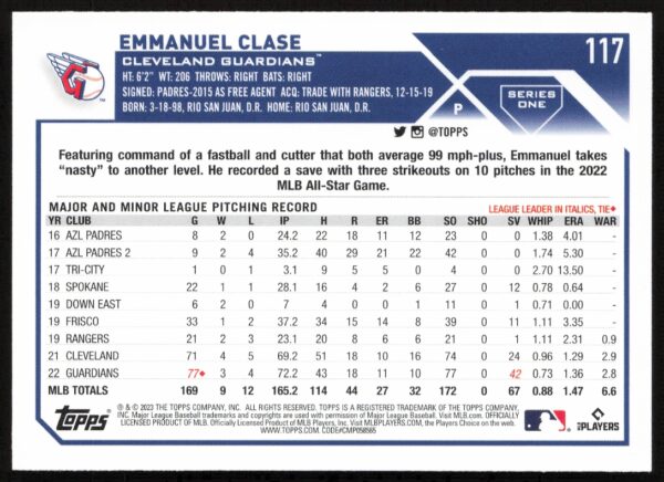 2023 Topps Series 1 Emmanuel Clase #117 (Back)