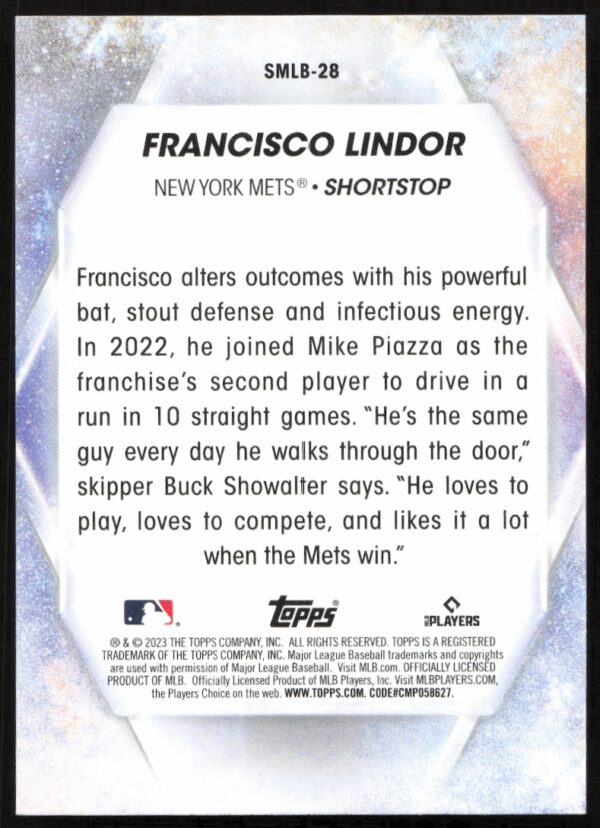 2023 Topps Series 1 Francisco Lindor Stars of MLB #SMLB-28 (Back)