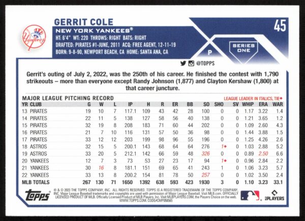 2023 Topps Series 1 Gerrit Cole #45 (Back)