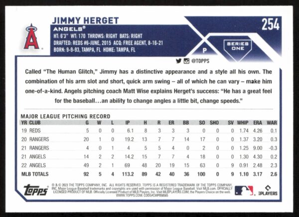 2023 Topps Series 1 Jimmy Herget #254 (Back)