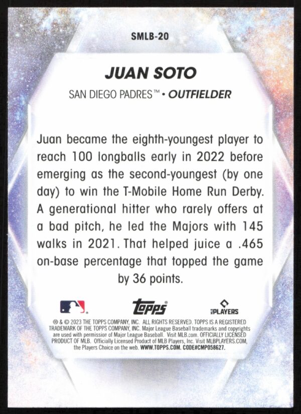 2023 Topps Series 1 Juan Soto Stars of MLB #SMLB-20 (Back)