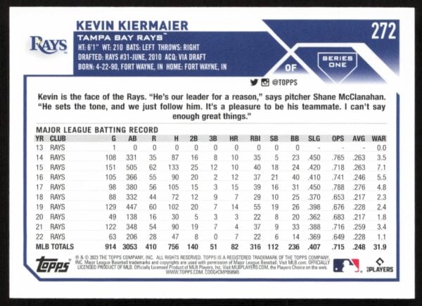 2023 Topps Series 1 Kevin Kiermaier #272 (Back)