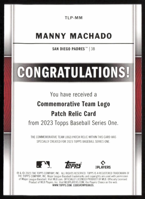 2023 Topps Series 1 Manny Machado Team Logo Commemorative Patch #TLP-MM (Back)