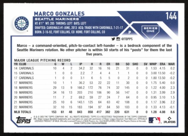 2023 Topps Series 1 Marco Gonzales #144 (Back)