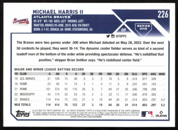 2023 Topps Series 1 Michael Harris II #226 (Back)