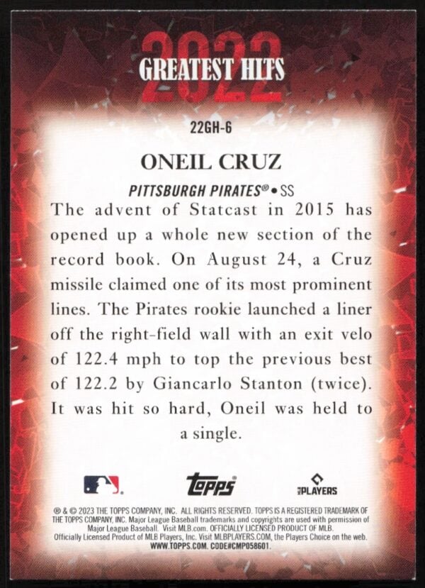 2023 Topps Series 1 Oneil Cruz 2022 Greatest Hits #22GH-6 (Back)