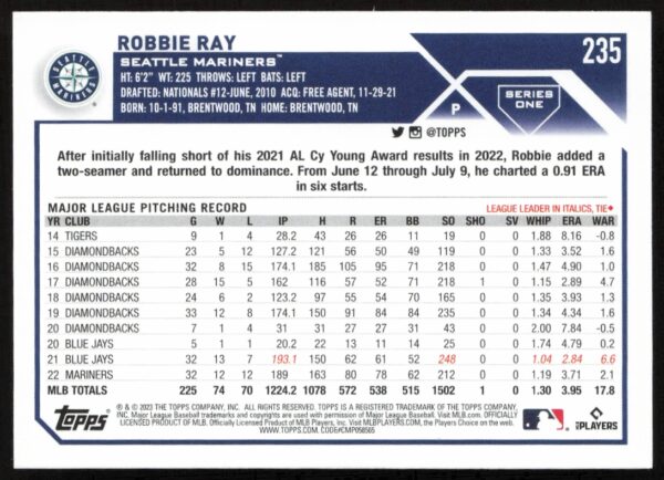 2023 Topps Series 1 Robbie Ray #235 (Back)