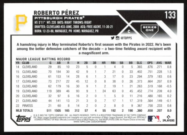 2023 Topps Series 1 Roberto Perez #133 (Back)