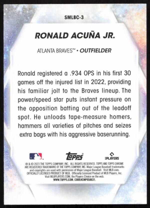 2023 Topps Series 1 Ronald Acuña Jr. Stars of MLB Chrome #SMLBC-3 (Back)