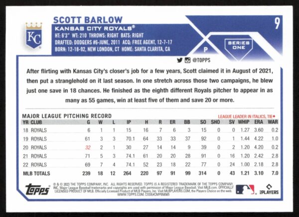 2023 Topps Series 1 Scott Barlow #9 (Back)