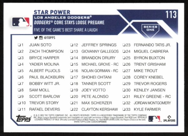 2023 Topps Series 1 Star Power Checklist #113 (Back)