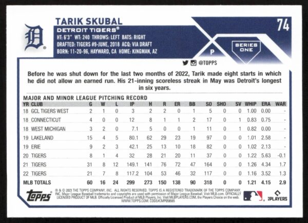 2023 Topps Series 1 Tarik Skubal #74 (Back)