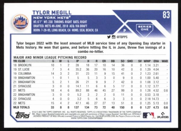 2023 Topps Series 1 Tylor Megill #83 (Back)