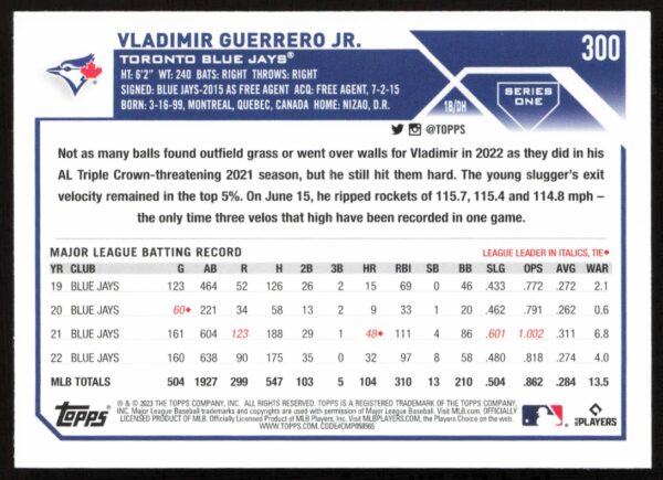 2023 Topps Series 1 Vladimir Guerrero Jr. #300 (Back)