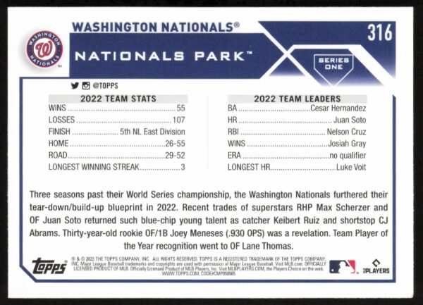 2023 Topps Series 1 Washington Nationals Team Card #316 (Back)