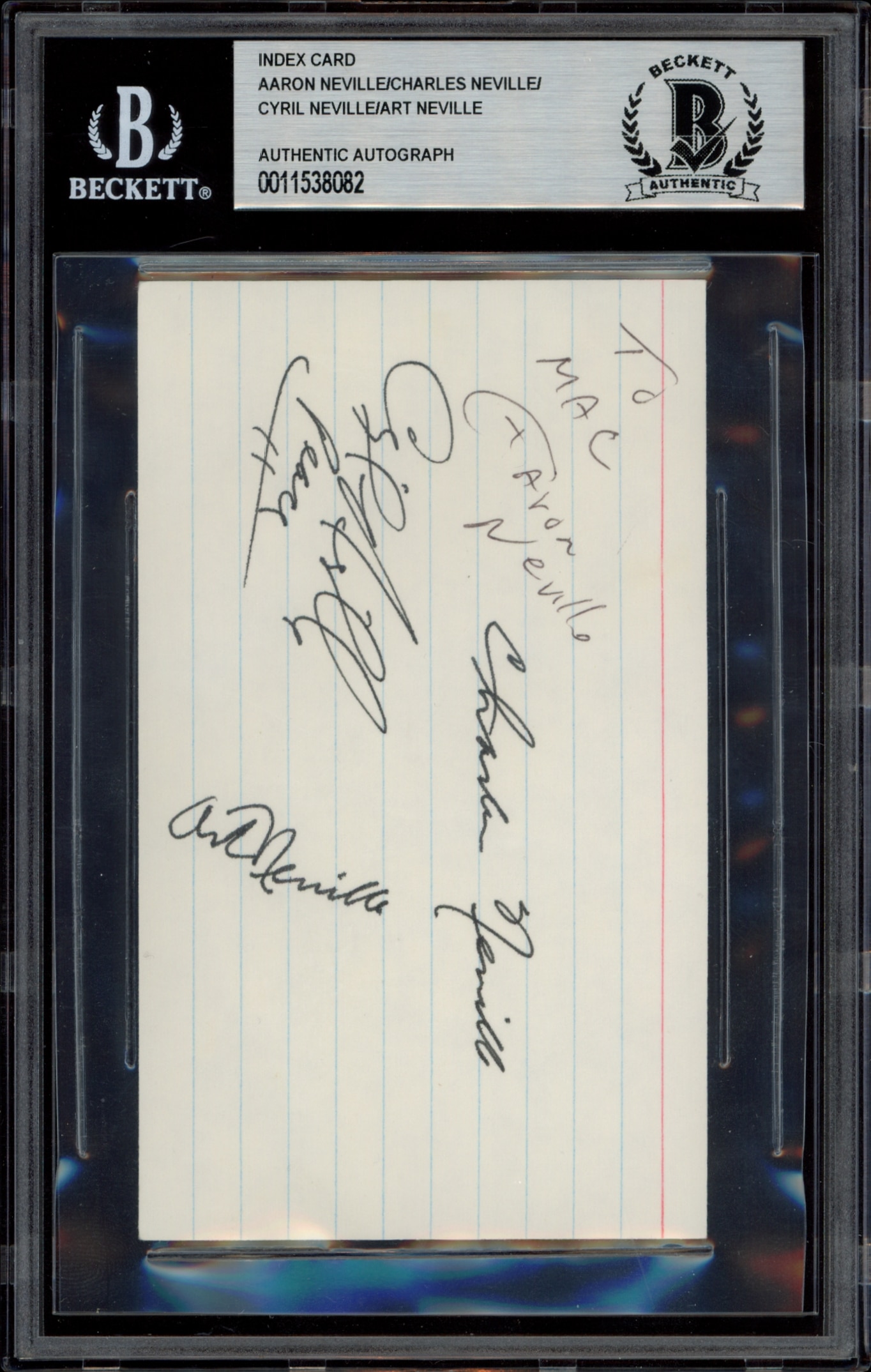 Aaron Neville / Charles Neville / Cyril Neville / Art Neville Signed Index Card (3x5) (BAS Authenticated) (Front)