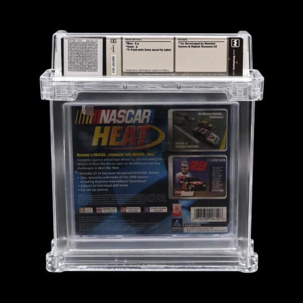 Vintage NASCAR Heat PlayStation 1 game in a protective display case.