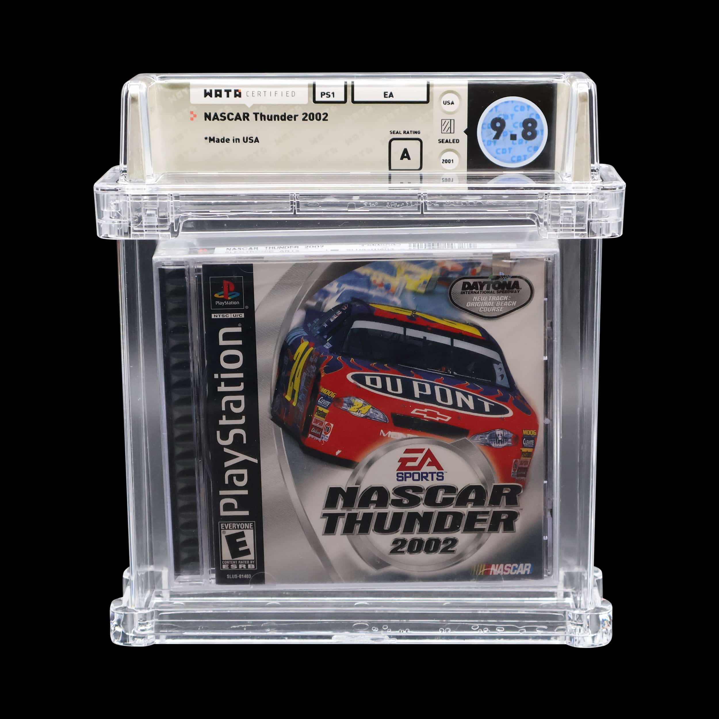 NASCAR Thunder 2002 PS1 game, WATA-graded 9.8, sealed in acrylic display case.