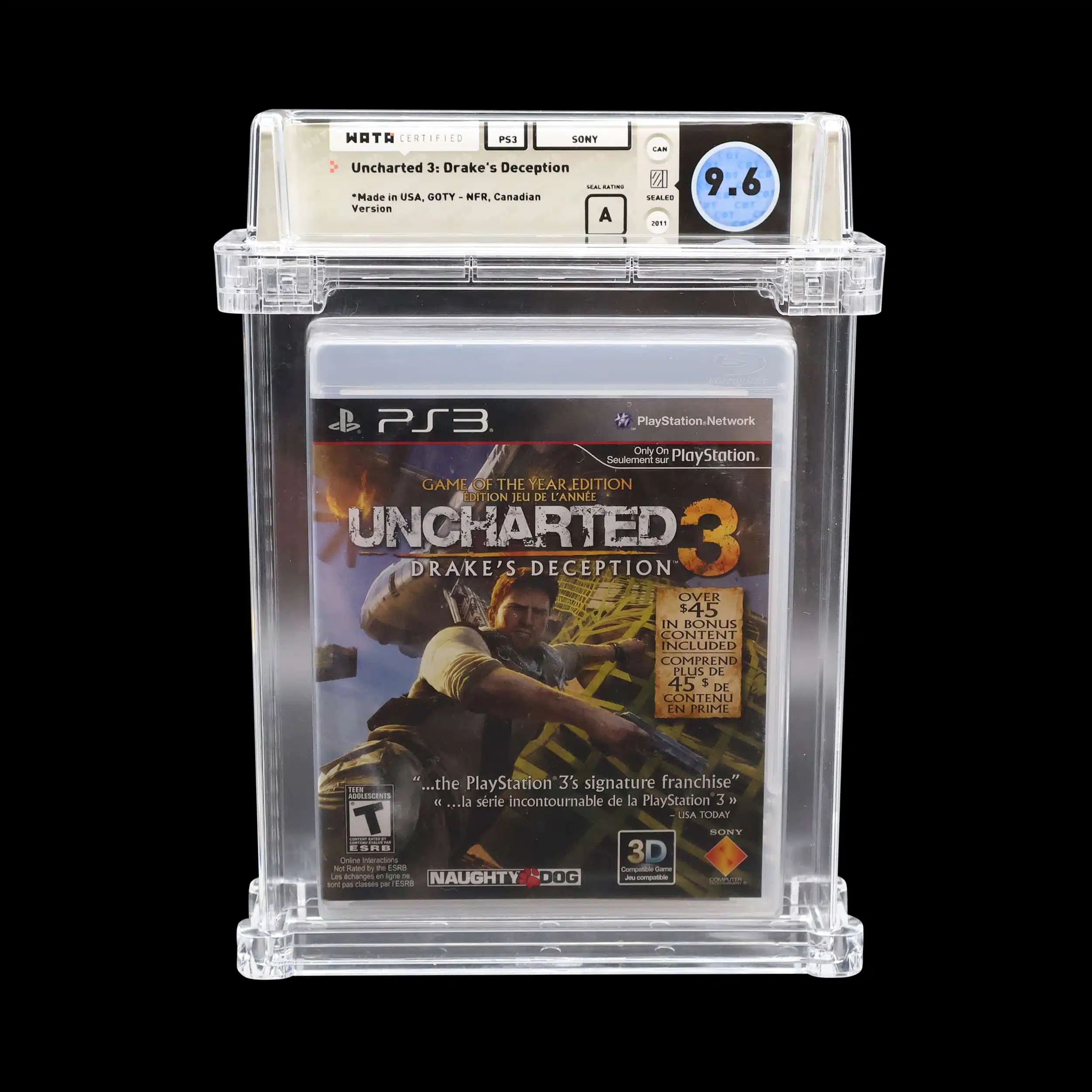 Factory-sealed Uncharted 3 PS3 game with WATA 9.6 grade and A seal rating.