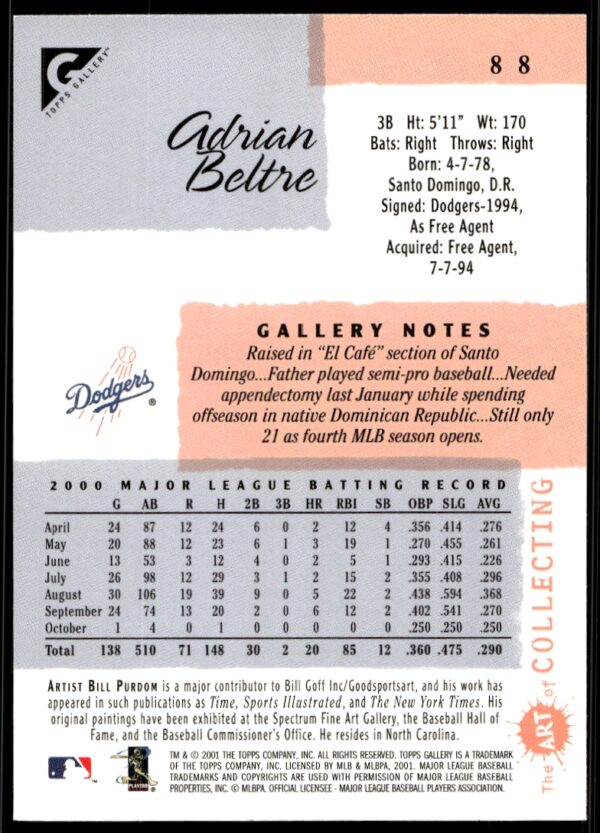 2001 Topps Gallery Adrian Beltre #88 (Back)