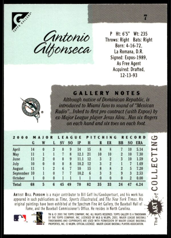 2001 Topps Gallery Antonio Alfonseca #7 (Back)