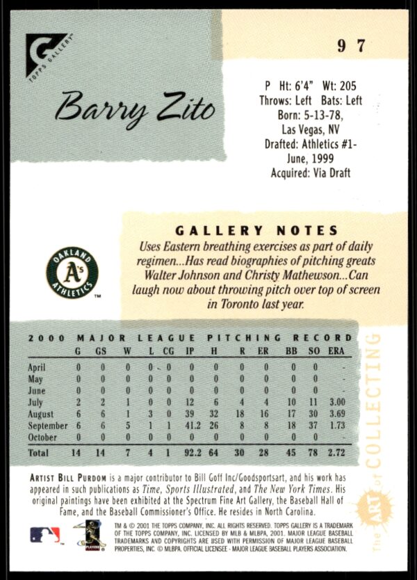 2001 Topps Gallery Barry Zito #97 (Back)