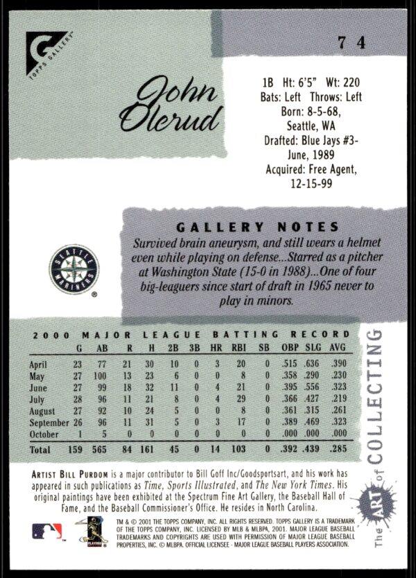 2001 Topps Gallery John Olerud #74 (Back)