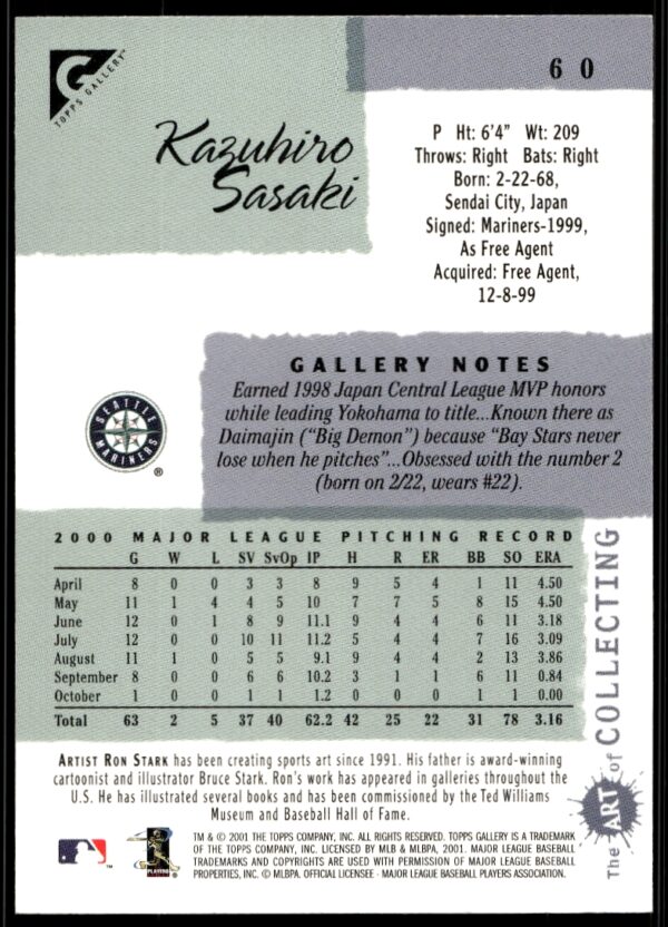 2001 Topps Gallery Kazuhiro Sasaki #60 (Back)